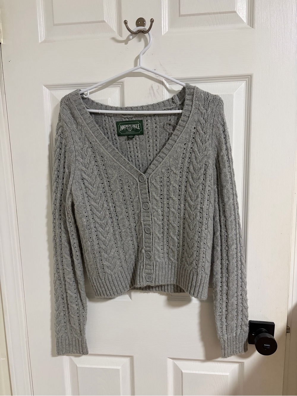American Eagle Outfitters Light Gray Cable Knit V-Neck Button Cardigan